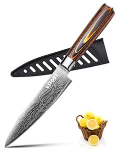 kitory kitchen utility knife 5 inch damascus pattern small chef knife with sheath, german high carbon stainless steel, ergonomic pakkawood handle, sharp cooking knife for home&restaurant