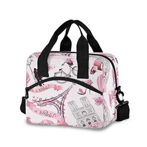tropicallife lunch bag insulated eiffel tower paris bicycle large lunch box meal prep women, pink butterfly reusable lunch cooler tote bag with adjustable shoulder strap for men adult work kids girls