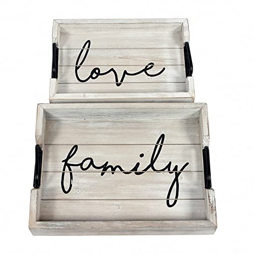 Ottoman Tray for Living Room White, Rustic Wooden Serving Trays with Handles, Set of 2 Family and Love Letters Printed Design, Farmhouse Decorative Tray for Coffee Table Decor, Breakfast Butler Tray