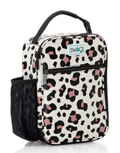 swig life boxxi lunch box, insulated lunch box for women with water bottle holder side pocket, adjustable meal divider, front zipper pocket, and top buckle handle in luxy leopard print