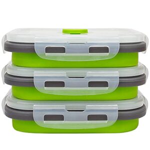 ccyanzi 3piece collapsible food storage containers with lids, silicone lunch container, microwave & freezer safe, space saving for kitchen cabinet and camping backpack,(green gray)