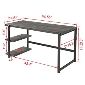 EXCEFUR Computer Desk with Shelves, 55 inch Industrial Work Desk for Home Office, Rustic Wood and Metal Study Writing Table, Grey