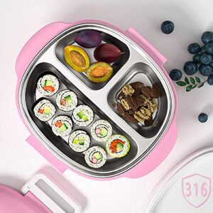 Stainless Steel Lunch Box for Toddlers Girls-Thermal Leakproof Bento Box 3-Compartment double-deck Ideal Portion Sizes for Ages 1 to 3, Pre-School Daycare Lunches and kids Snack Container（Pink）
