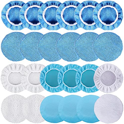 SIQUK 24 Packs Polishing Bonnet Pads (7 to 8 Inches) Including 12 Packs Microfiber Car Polishing Bonnet 4 Packs Waxing Bonnet 6 Packs Non-Woven Buffing pad and 2 Packs Cotton Bonnet for Car Polisher