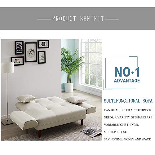 LTT Futon Sofa Bed, Futon Couch, Folding Sofa Bed Dual-Purpose Multi-Functional Relax Lounge Sofa Bed Sleeper with 2 Pillows Beige Fabric