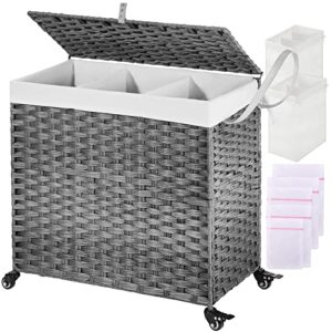 greenstell laundry hamper with wheels&lid, 125l large 3 sections clothes hamper with 2 removable liner bags, 5 mesh laundry bags, handwoven divided laundry basket gray