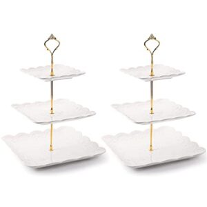 tebery 2 pack 3-tier white ceramic embossed dessert cake tower stand with gold carry handle, cupcake stand serving trays, porcelain party food server display holder