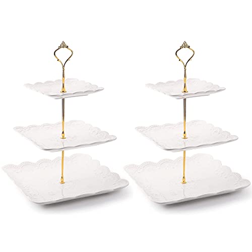 Tebery 2 Pack 3-Tier White Ceramic Embossed Dessert Cake Tower Stand with Gold Carry Handle, Cupcake Stand Serving Trays, Porcelain Party Food Server Display Holder