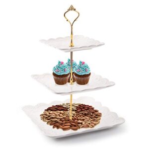 Tebery 2 Pack 3-Tier White Ceramic Embossed Dessert Cake Tower Stand with Gold Carry Handle, Cupcake Stand Serving Trays, Porcelain Party Food Server Display Holder