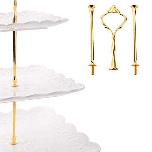 Tebery 2 Pack 3-Tier White Ceramic Embossed Dessert Cake Tower Stand with Gold Carry Handle, Cupcake Stand Serving Trays, Porcelain Party Food Server Display Holder