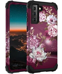 hocase for galaxy s21 fe 5g case, heavy duty shockproof protection soft silicone rubber+hard plastic bumper hybrid protective case for samsung galaxy s21 fe (6.4" display) 2021 - burgundy flowers
