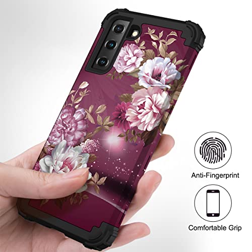 Hocase for Galaxy S21 FE 5G Case, Heavy Duty Shockproof Protection Soft Silicone Rubber+Hard Plastic Bumper Hybrid Protective Case for Samsung Galaxy S21 FE (6.4" Display) 2021 - Burgundy Flowers