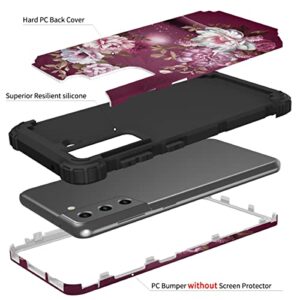 Hocase for Galaxy S21 FE 5G Case, Heavy Duty Shockproof Protection Soft Silicone Rubber+Hard Plastic Bumper Hybrid Protective Case for Samsung Galaxy S21 FE (6.4" Display) 2021 - Burgundy Flowers