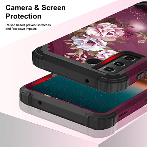 Hocase for Galaxy S21 FE 5G Case, Heavy Duty Shockproof Protection Soft Silicone Rubber+Hard Plastic Bumper Hybrid Protective Case for Samsung Galaxy S21 FE (6.4" Display) 2021 - Burgundy Flowers