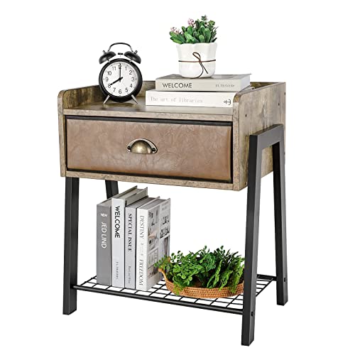 X-cosrack Rustic Nightstand with Drawer, Brown Small Nightstand Bedside Table for Bedroom, Bed Side Table/Night Stand for Living Room, 20.47 x 14.37 x 24 Inch