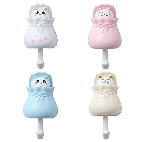 4 Pcs Coat Hooks Lucky Bag Cat Shape Strong Viscose Punch Free Hooks, Cute Wall Coat Hook for Hanging Hats, Coats, Keys and Towels, Wardrobe Decoration Creative Hooks (Blue+Pink+White+Yellow)