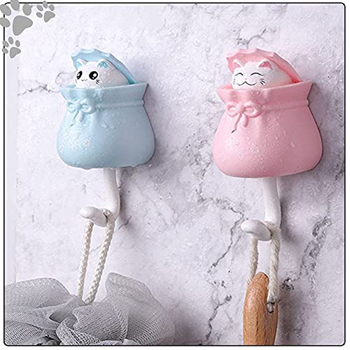 4 Pcs Coat Hooks Lucky Bag Cat Shape Strong Viscose Punch Free Hooks, Cute Wall Coat Hook for Hanging Hats, Coats, Keys and Towels, Wardrobe Decoration Creative Hooks (Blue+Pink+White+Yellow)