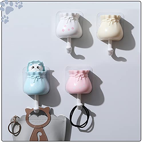 4 Pcs Coat Hooks Lucky Bag Cat Shape Strong Viscose Punch Free Hooks, Cute Wall Coat Hook for Hanging Hats, Coats, Keys and Towels, Wardrobe Decoration Creative Hooks (Blue+Pink+White+Yellow)