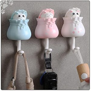 4 Pcs Coat Hooks Lucky Bag Cat Shape Strong Viscose Punch Free Hooks, Cute Wall Coat Hook for Hanging Hats, Coats, Keys and Towels, Wardrobe Decoration Creative Hooks (Blue+Pink+White+Yellow)