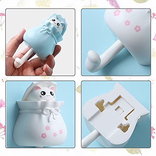 4 Pcs Coat Hooks Lucky Bag Cat Shape Strong Viscose Punch Free Hooks, Cute Wall Coat Hook for Hanging Hats, Coats, Keys and Towels, Wardrobe Decoration Creative Hooks (Blue+Pink+White+Yellow)