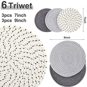 6 Pieces Pot Trivets Large Braided Woven Trivet Coaster, Cotton Thread Weave Cup Coaster Hot Pot Dish Trivet Pad Mat for Kitchen Cooking Supplies (Gray, Dark Gray, White Gray,7 Inch and 9 Inch)