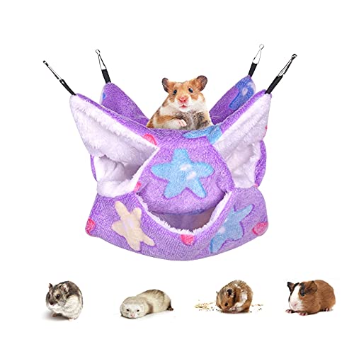 Petmolico Ferret Hammock Bed, Small Pets Warm Plush Three Tier Hanging Cage Hammock Hideout Ferret Accessories for Hamster Guinea Pig Rat Sugar Glider, Purple Star