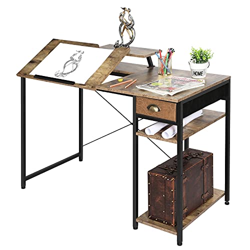 X-cosrack Computer Desk with Storage Shelves Drawer, 43” Home Office Desk with Monitor Stand, Adjustable and Tiltable Draft Drawing Table Writing Study Workstation for Home Office Artist, Rustic Brown