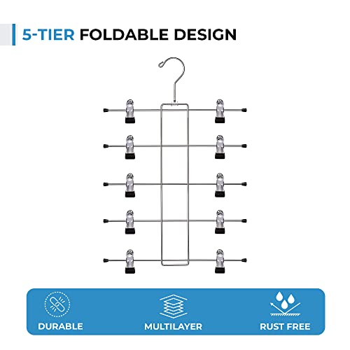 USTECH 5 Tier Clothes Hanger with Clips | Metal Closet Organizer with Non-Slip Rubber Tip | Space-Saving Pant and Scarf Hangers | Ideal for Clothes Storage, Dorm Room & Closet Organization | Pack of 3