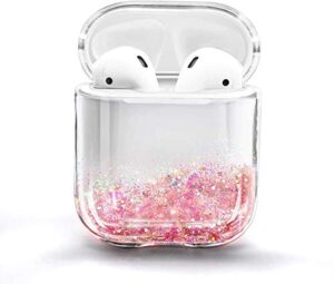 nznd glitter liquid case compatiable with apple airpods 1/2, sparkle flowing floating durable girls women kids cute clear hard cover carrying case -rose gold