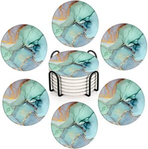 britimes coasters for drinks absorbent with metal holder stand, ceramic stone coaster sets of 6, marble style coaster for coffee wooden table, housewarming gift turquoise