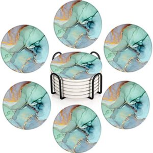 Britimes Coasters for Drinks Absorbent with Metal Holder Stand, Ceramic Stone Coaster Sets of 6, Marble Style Coaster for Coffee Wooden Table, Housewarming Gift Turquoise