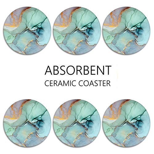 Britimes Coasters for Drinks Absorbent with Metal Holder Stand, Ceramic Stone Coaster Sets of 6, Marble Style Coaster for Coffee Wooden Table, Housewarming Gift Turquoise