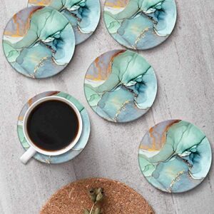 Britimes Coasters for Drinks Absorbent with Metal Holder Stand, Ceramic Stone Coaster Sets of 6, Marble Style Coaster for Coffee Wooden Table, Housewarming Gift Turquoise