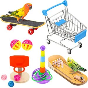 10 pieces bird training toys parrot training toys include bowling toy basketball toy rings shopping cart skateboard bell ball parrot intelligence toys for parakeet cockatiel macaw parrot, random color