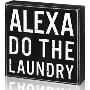 classic box sign wooden box sign black white box sign decorative letters wood box plaque for shelf living room bathroom laundry decor (alexa do the laundry)