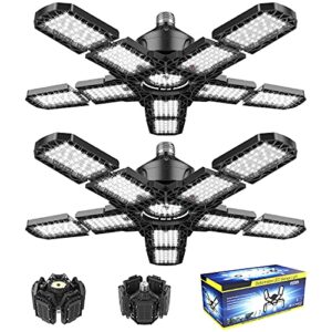 2-Pack Led Garage Light 180W, 18000LM LED Garage Ceiling Lighting with E26/E27 Medium Base, 6000K Deformable LED Shop Light with 10+1 Adjustable Panels Lights for Garage, Workshop, Attic, Basement