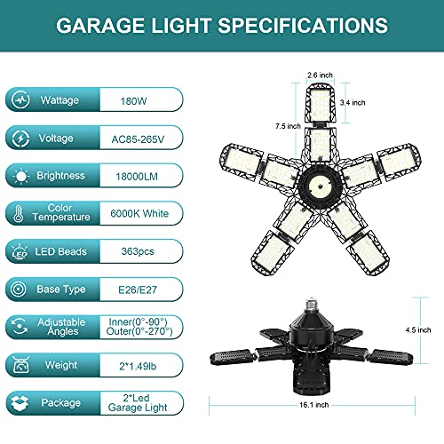 2-Pack Led Garage Light 180W, 18000LM LED Garage Ceiling Lighting with E26/E27 Medium Base, 6000K Deformable LED Shop Light with 10+1 Adjustable Panels Lights for Garage, Workshop, Attic, Basement