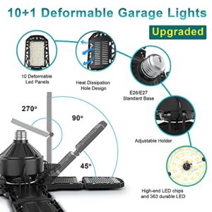 2-Pack Led Garage Light 180W, 18000LM LED Garage Ceiling Lighting with E26/E27 Medium Base, 6000K Deformable LED Shop Light with 10+1 Adjustable Panels Lights for Garage, Workshop, Attic, Basement