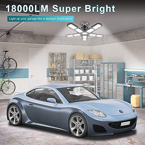 2-Pack Led Garage Light 180W, 18000LM LED Garage Ceiling Lighting with E26/E27 Medium Base, 6000K Deformable LED Shop Light with 10+1 Adjustable Panels Lights for Garage, Workshop, Attic, Basement