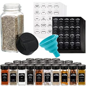 tebery 30 pack glass spice jars square glass bottles with black caps, 4oz empty spice containers shakers complete organizer set includes wide funnel and labels