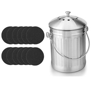 enloy compost bin & 12 pack compost bin filters extra thick activated carbon, stainless steel indoor compost bucket with carrying handle 1.3 gallon, odor absorbing charcoal filters 7.2 inch