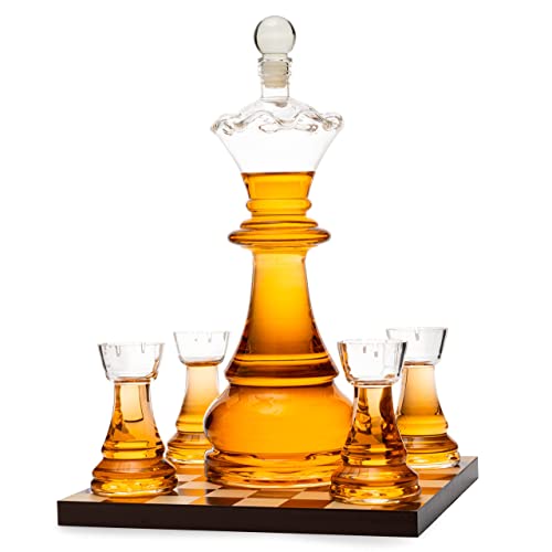 New Chess Decanter Set by The Wine Savant - Queen Chess Decanter 750ml 12" H With 4 Rook Shot Glasses 4oz - Queen's Gambit, Chess Player Gifts, Whiskey, Wine Lovers!