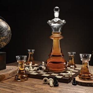 New Chess Decanter Set by The Wine Savant - Queen Chess Decanter 750ml 12" H With 4 Rook Shot Glasses 4oz - Queen's Gambit, Chess Player Gifts, Whiskey, Wine Lovers!