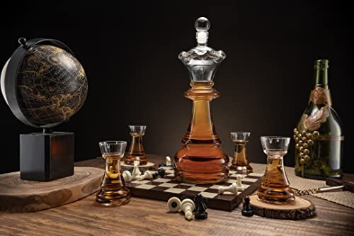 New Chess Decanter Set by The Wine Savant - Queen Chess Decanter 750ml 12" H With 4 Rook Shot Glasses 4oz - Queen's Gambit, Chess Player Gifts, Whiskey, Wine Lovers!