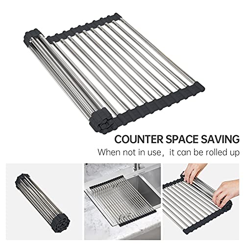 CHIRISEN Adjustable Large Roll Up Dish Drying Rack 12.8" X20.6" Collapsible Over The Sink Rack Non-Slip Silicone Rolling Dish Drainer SUS304 Stainless Steel Roll Rack for Kitchen Counter Organizer