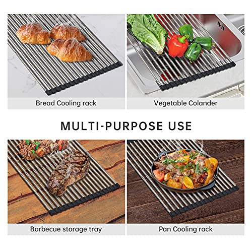 CHIRISEN Adjustable Large Roll Up Dish Drying Rack 12.8" X20.6" Collapsible Over The Sink Rack Non-Slip Silicone Rolling Dish Drainer SUS304 Stainless Steel Roll Rack for Kitchen Counter Organizer