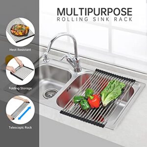 CHIRISEN Adjustable Large Roll Up Dish Drying Rack 12.8" X20.6" Collapsible Over The Sink Rack Non-Slip Silicone Rolling Dish Drainer SUS304 Stainless Steel Roll Rack for Kitchen Counter Organizer