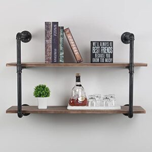 womio industrial pipe shelving wall mounted,rustic metal floating shelves,steampunk real wood book shelves,wall shelf unit bookshelf hanging wall shelves,farmhouse kitchen bar shelving(2 tier,36in)
