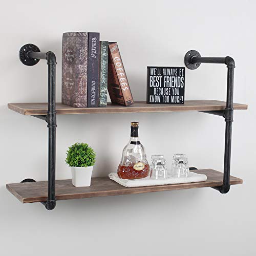 Womio Industrial Pipe Shelving Wall Mounted,Rustic Metal Floating Shelves,Steampunk Real Wood Book Shelves,Wall Shelf Unit Bookshelf Hanging Wall Shelves,Farmhouse Kitchen Bar Shelving(2 Tier,36in)