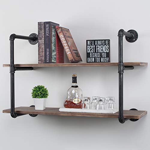 Womio Industrial Pipe Shelving Wall Mounted,Rustic Metal Floating Shelves,Steampunk Real Wood Book Shelves,Wall Shelf Unit Bookshelf Hanging Wall Shelves,Farmhouse Kitchen Bar Shelving(2 Tier,36in)